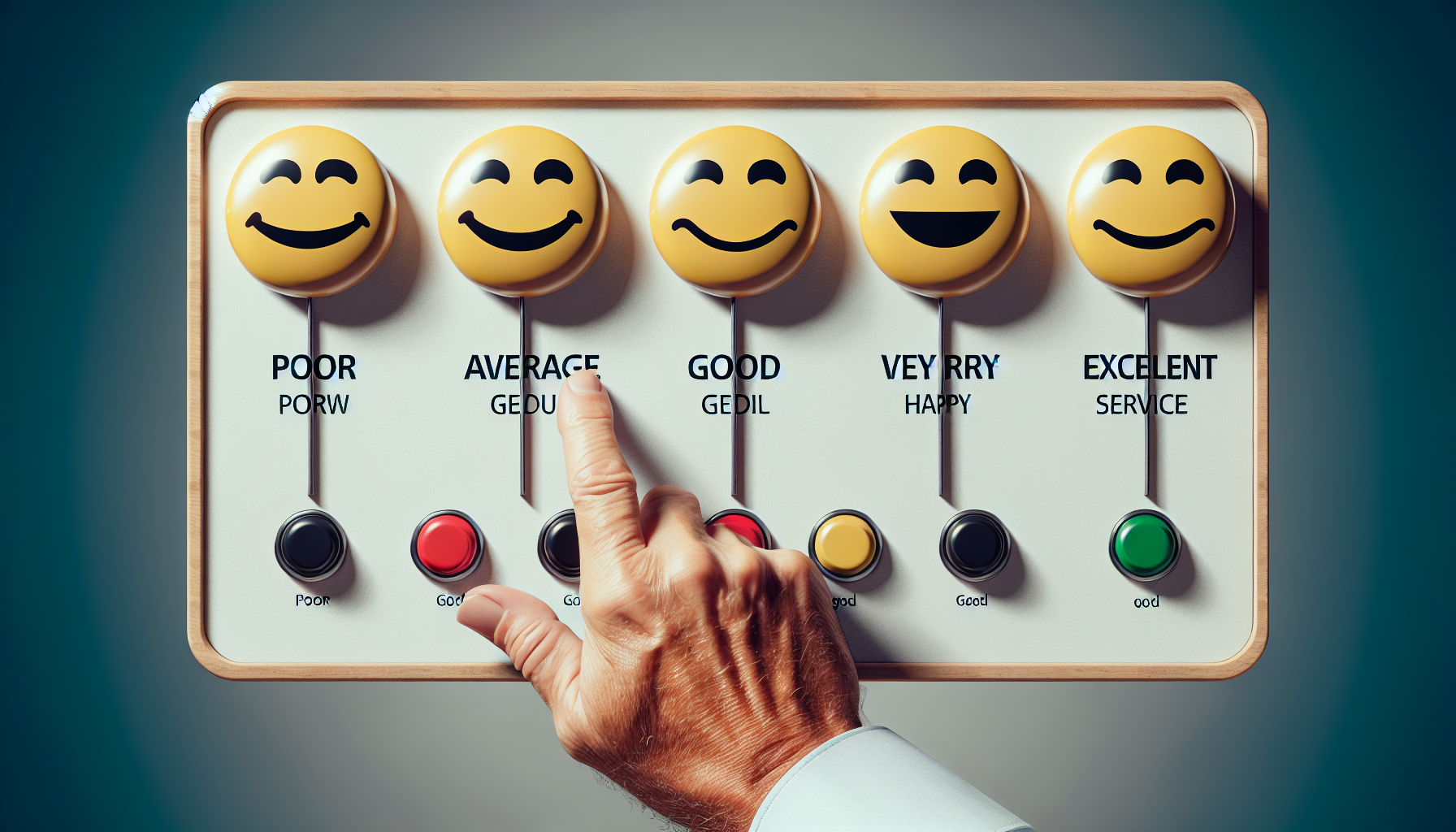 A hand is pressing the "Average" button on a satisfaction feedback panel with emoji faces ranging from "Poor" to "Excellent." The panel, used for measuring customer loyalty, has labels and indicator lights under each emoji.