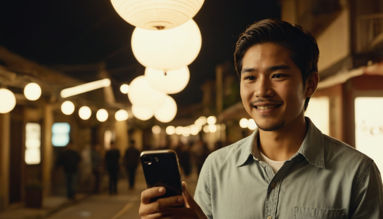 A young man smiles while holding a smartphone in a street illuminated by hanging lanterns at night, browsing through customer loyalty program ideas.