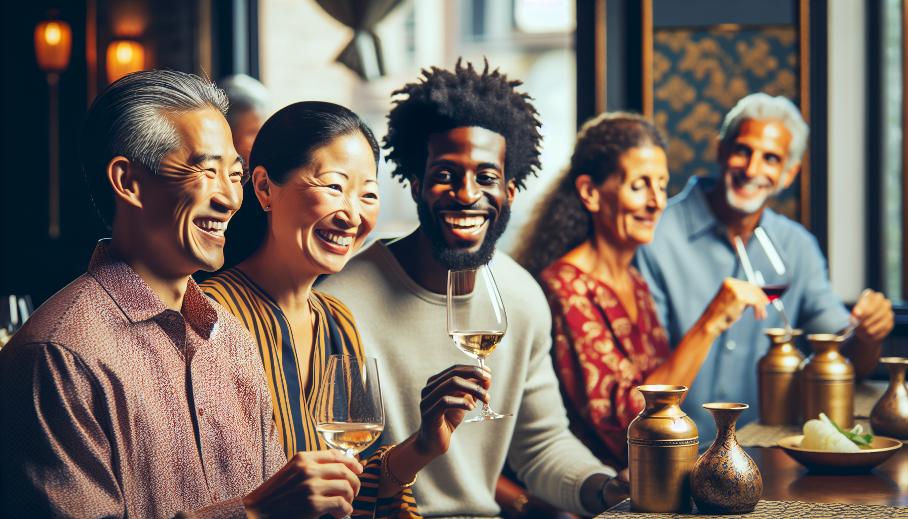 A group of six diverse people smiling and holding wine glasses at a dining table inside a restaurant, celebrating their membership in the digital loyalty card program.