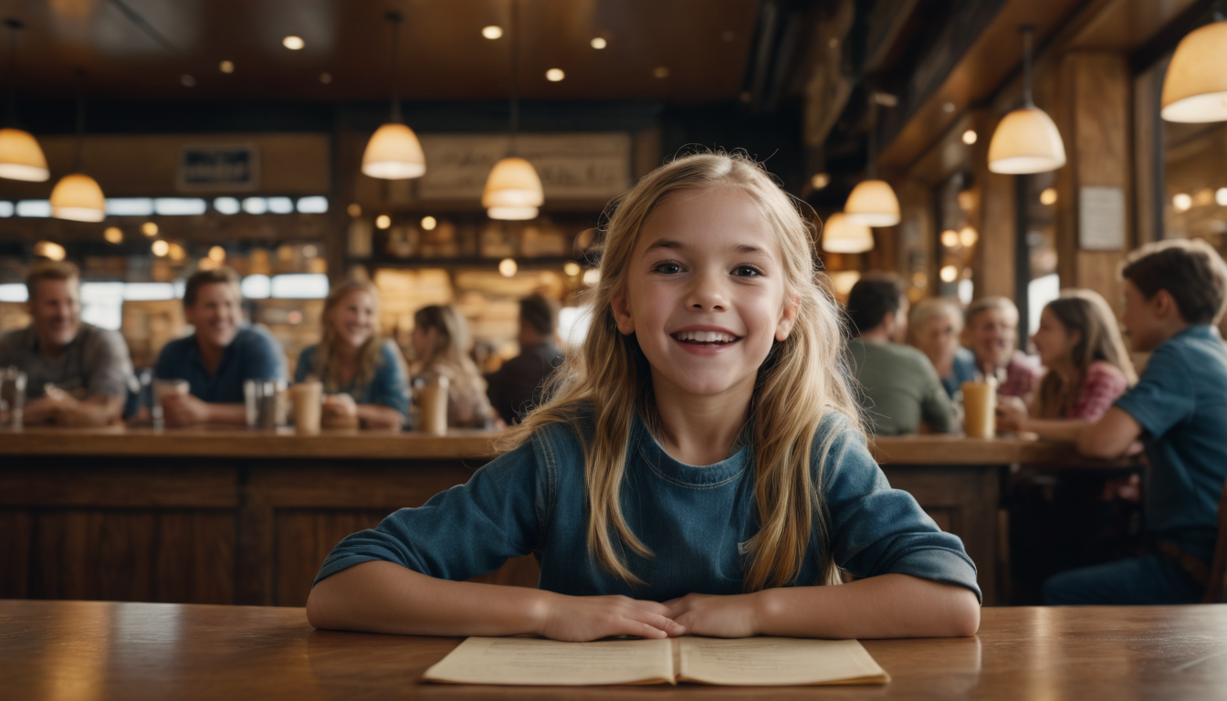 A smiling young girl sitting at a table with an open book in a busy, warmly-lit restaurant with groups of people dining in the background. This scene captures potential strategies for effective food service loyalty programs by illustrating how comfortable settings can enhance customer experiences and encourage repeat visits.