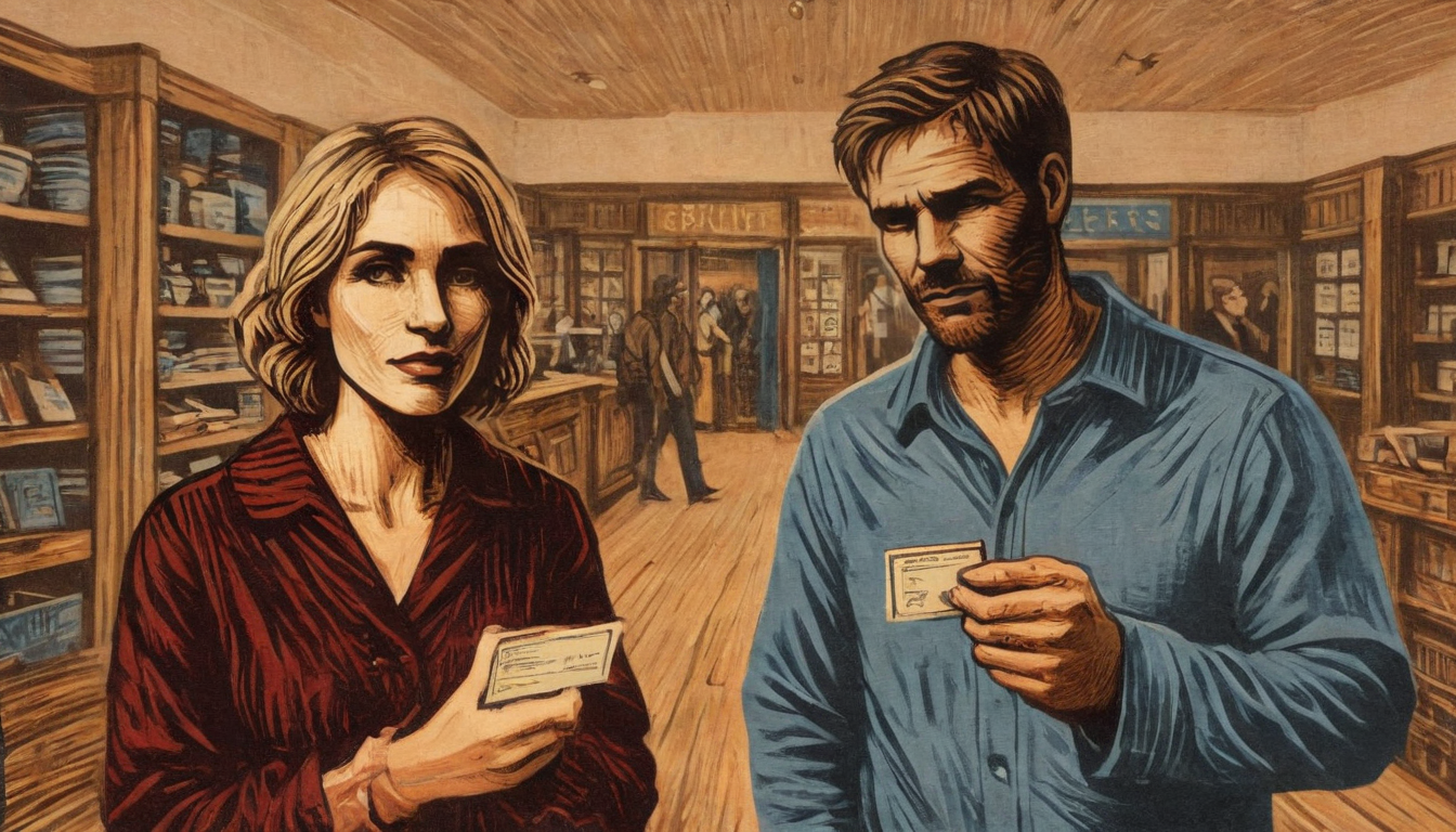 Two people stand in a bookstore holding cards, part of the loyalty program for my business. Shelves of books and other customers are visible in the background, showcasing an effective customer retention strategy.