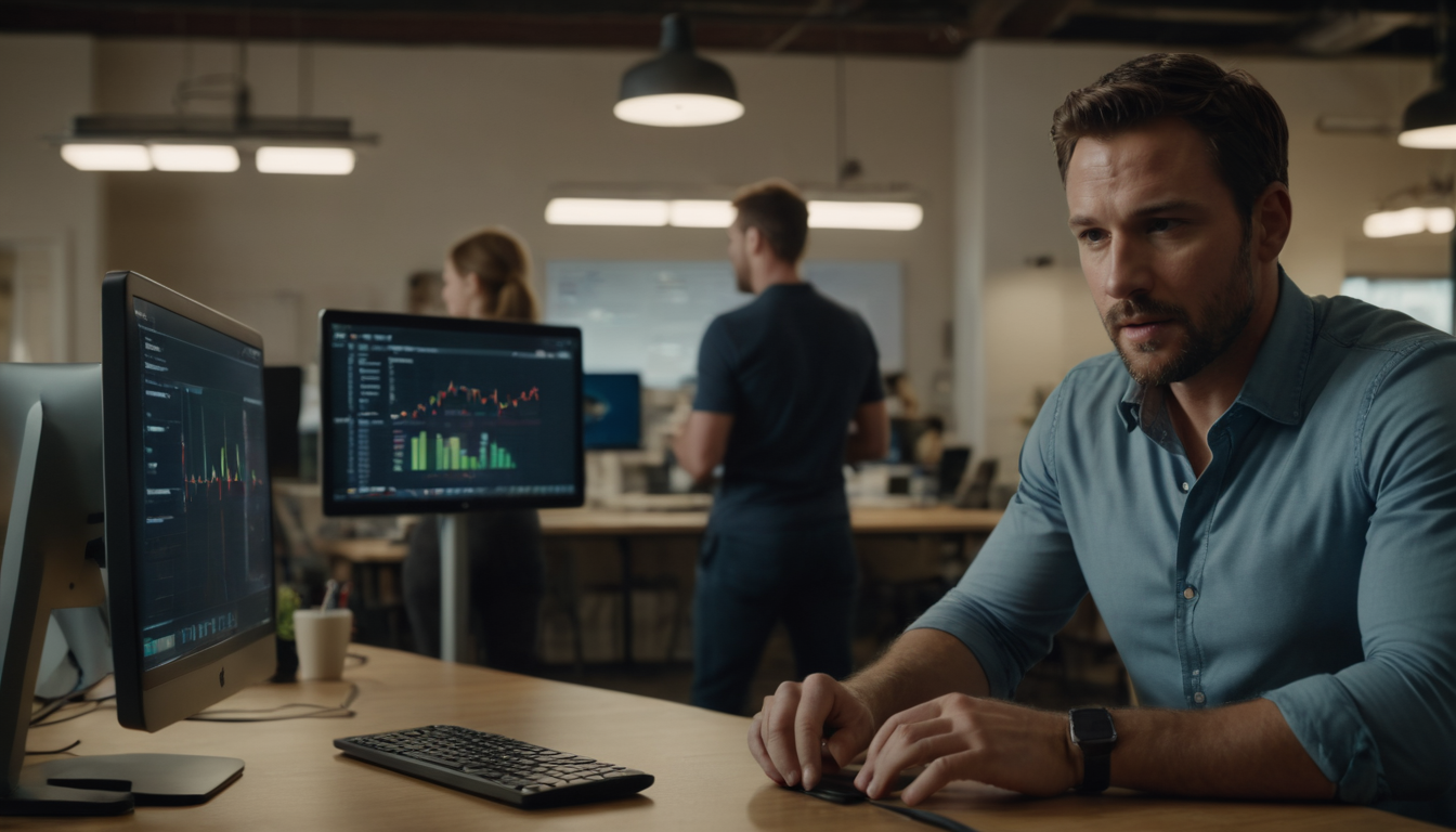 A man reviews loyalty program ideas for small businesses on dual monitors in a busy office setting with coworkers engaged in discussions in the background.