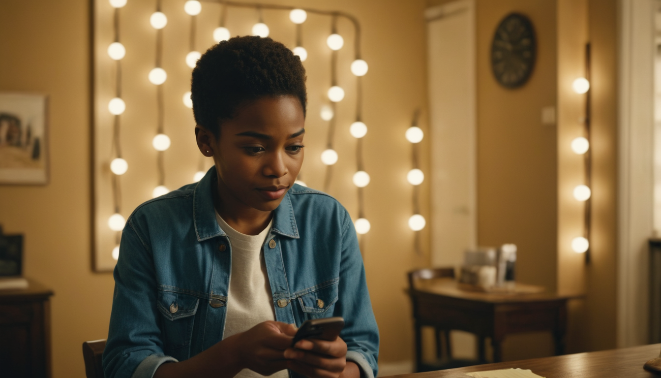 A young woman in a denim jacket looks at her smartphone for first-time purchaser offers, sitting at a table with string lights in the background.