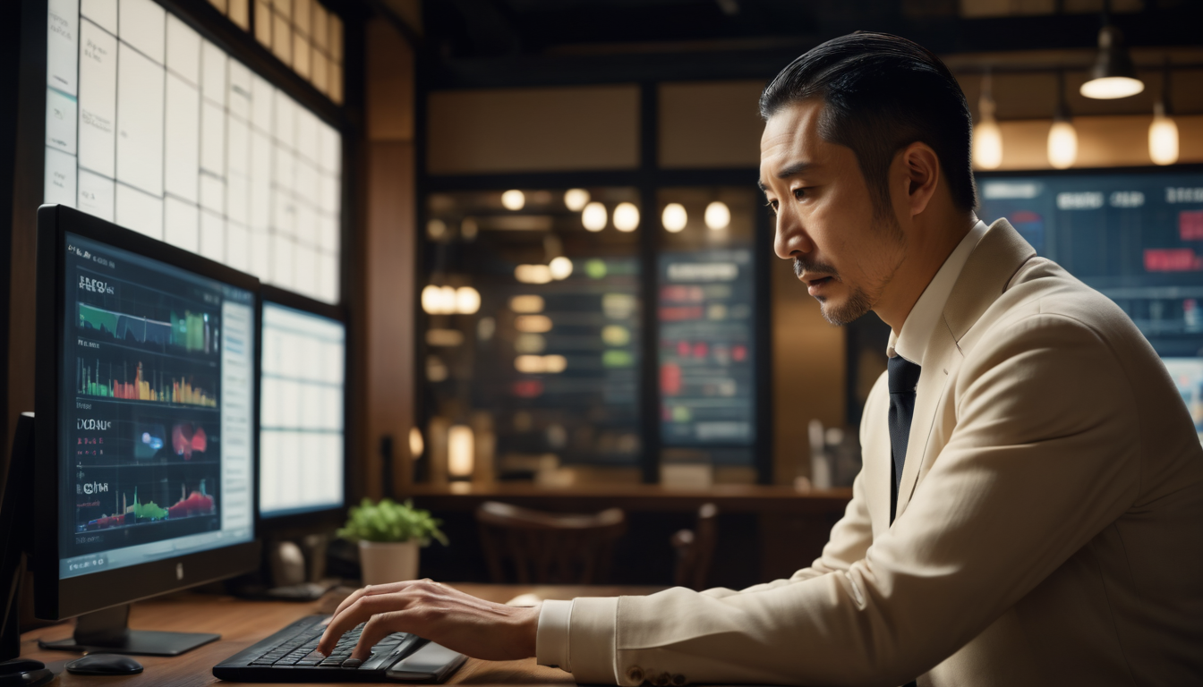 A man in a white suit analyzing restaurant customer retention strategies on multiple computer screens in a dimly lit office.