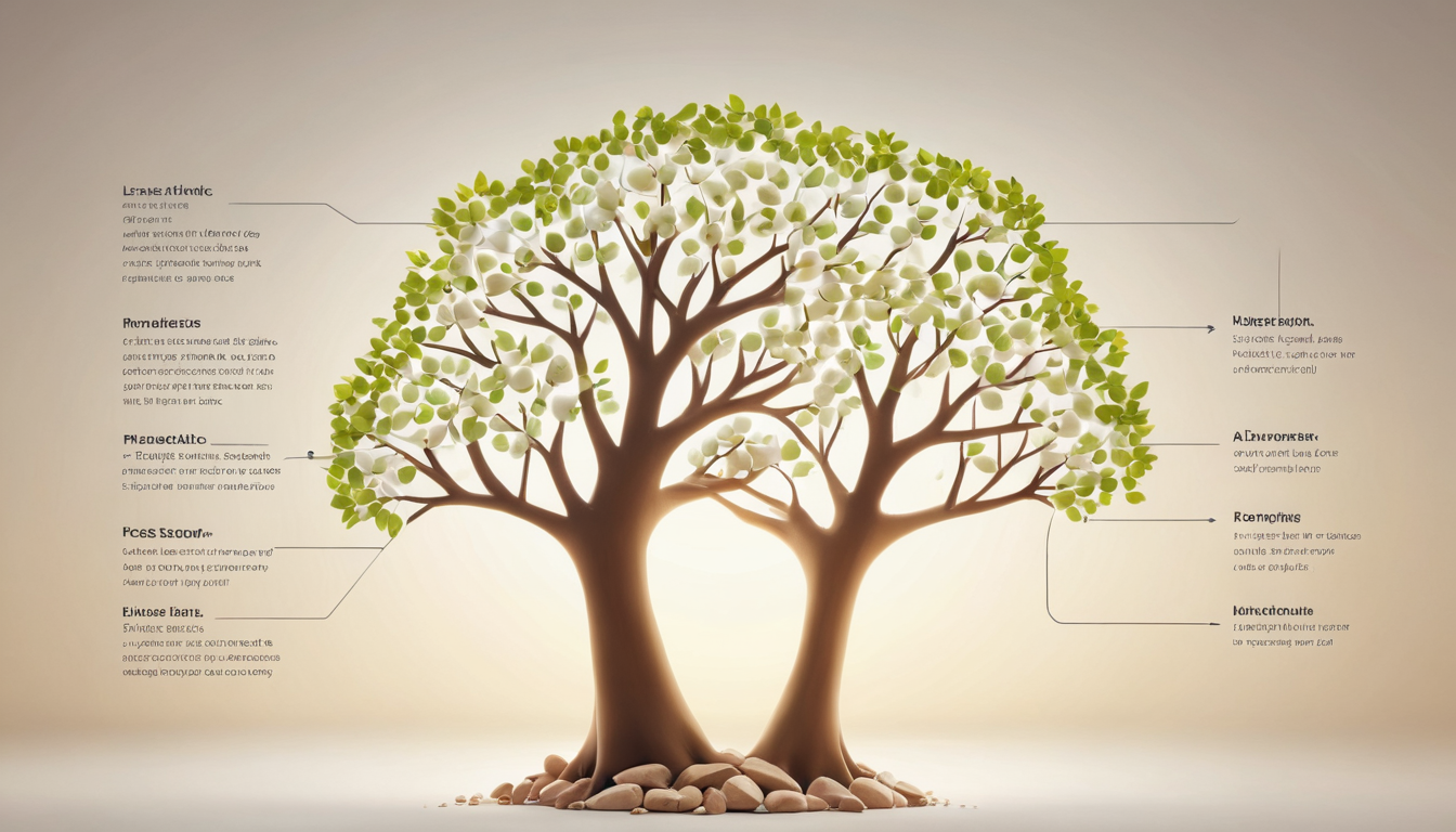 Two trees with branches and leaves forming one canopy, surrounded by text labels highlighting different parts of the trees. The background is a gradient of light beige to white, symbolizing growth and unity. Perfect for illustrating business loyalty programs or customer engagement strategies.