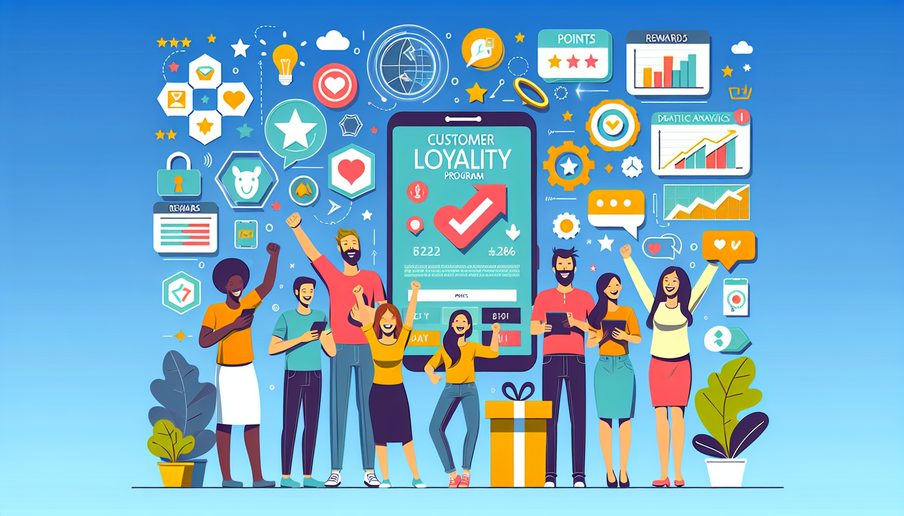 Illustration of diverse people celebrating customer loyalty program benefits, surrounded by icons and graphs representing points, rewards, and digital analytics, with a smartphone displaying the loyalty platform.