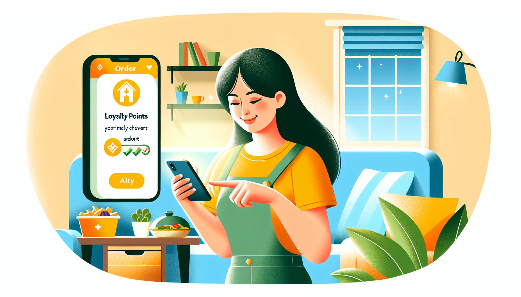 A person in a brightly lit room looks at their phone displaying the Punch Loyalty rewards app, showing points they have collected. In the background are a window, plants, and a table with items on it.