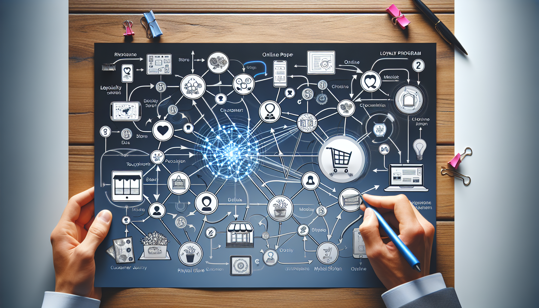 Hands holding a pen and pointing to a complex flowchart with interconnected nodes and icons representing various processes, including a customer rewards program, on a desk with office supplies.