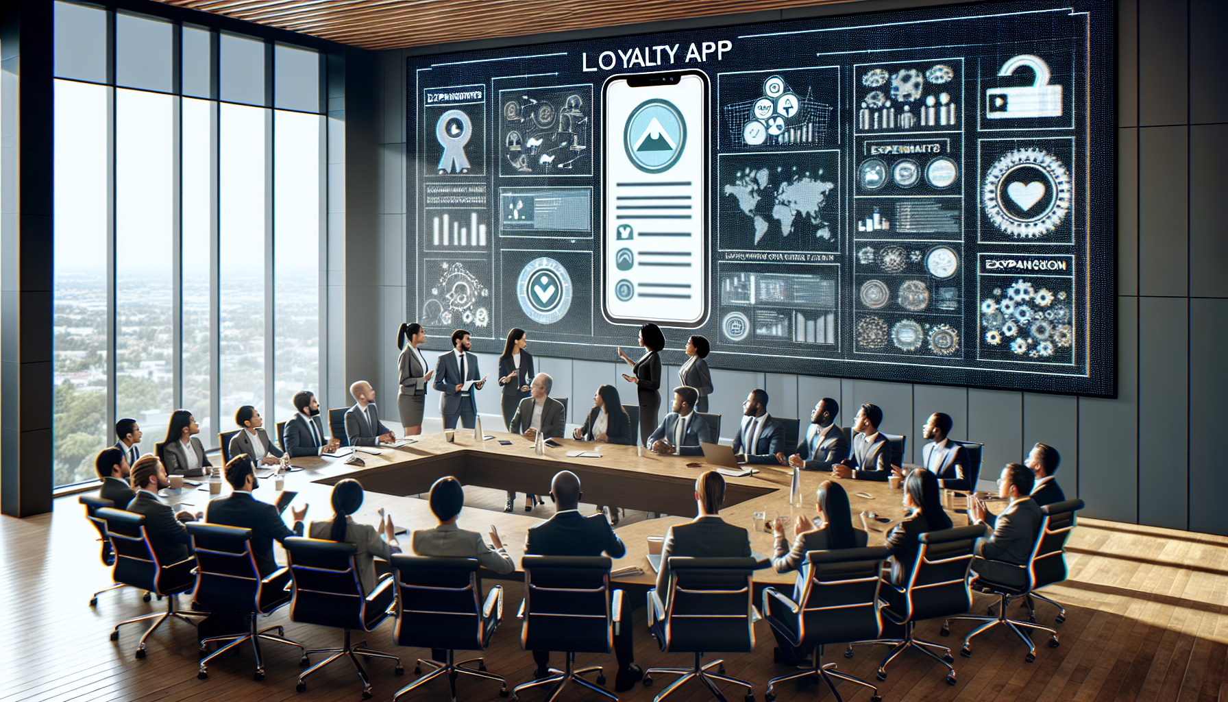 Professionals in a conference room discuss a "Rewards App" presentation displayed on a large digital screen, showcasing various graphs, charts, and maps.