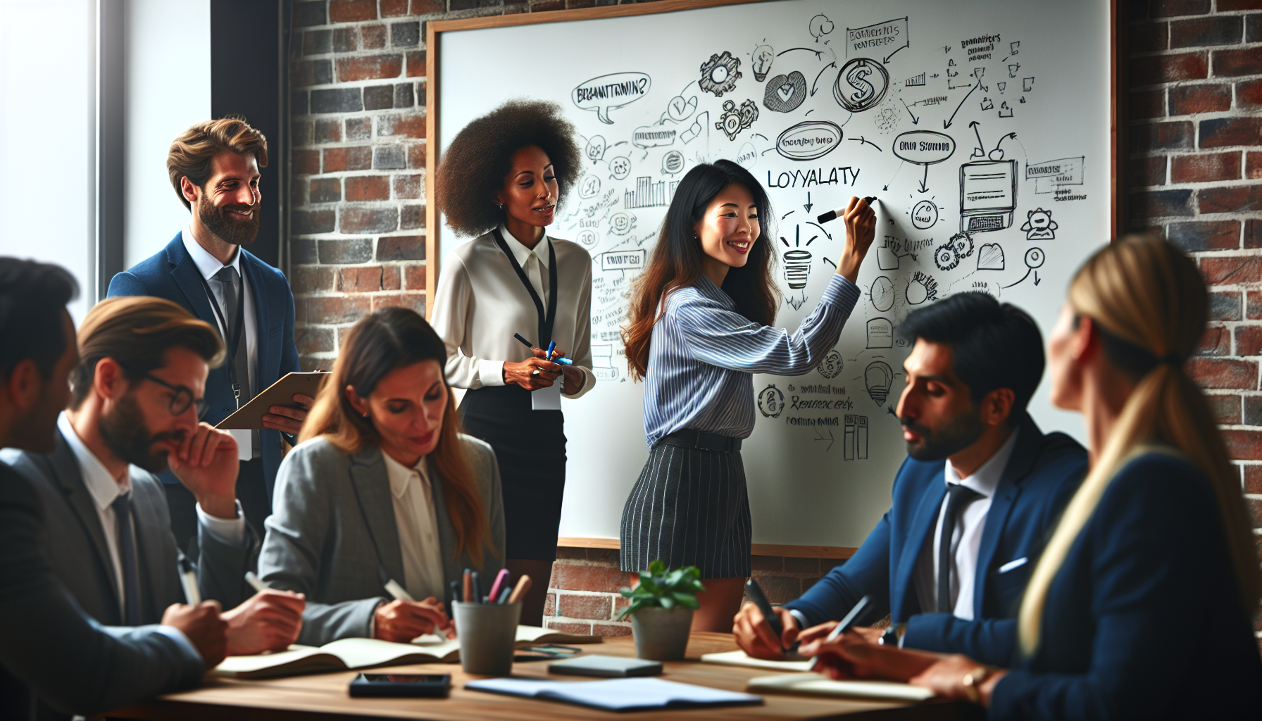 A group of people in business attire are in a meeting room; some seated at a table taking notes while others stand by a whiteboard with various words and illustrations, including "LOYALTY" and "Digital rewards.