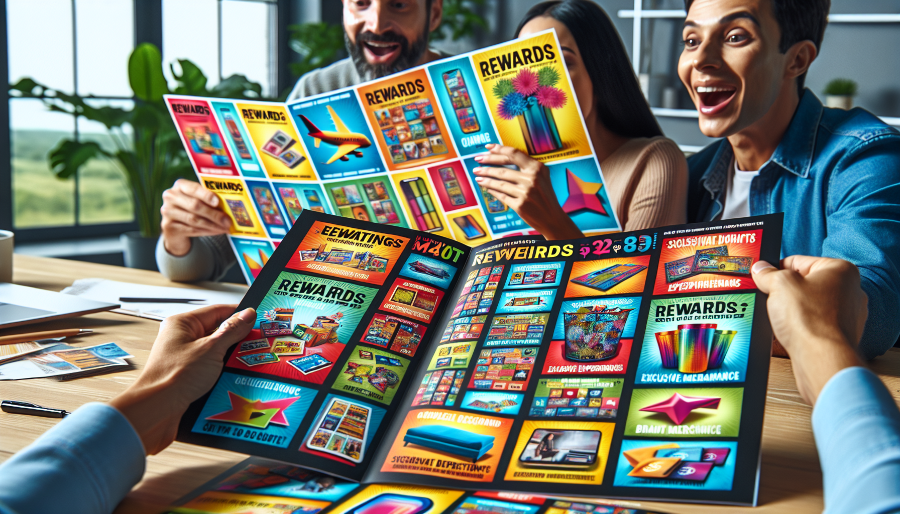 A group of people excitedly look at colorful rewards catalogues spread out on a table in a bright, modern room, discussing the referral marketing benefits they've experienced.