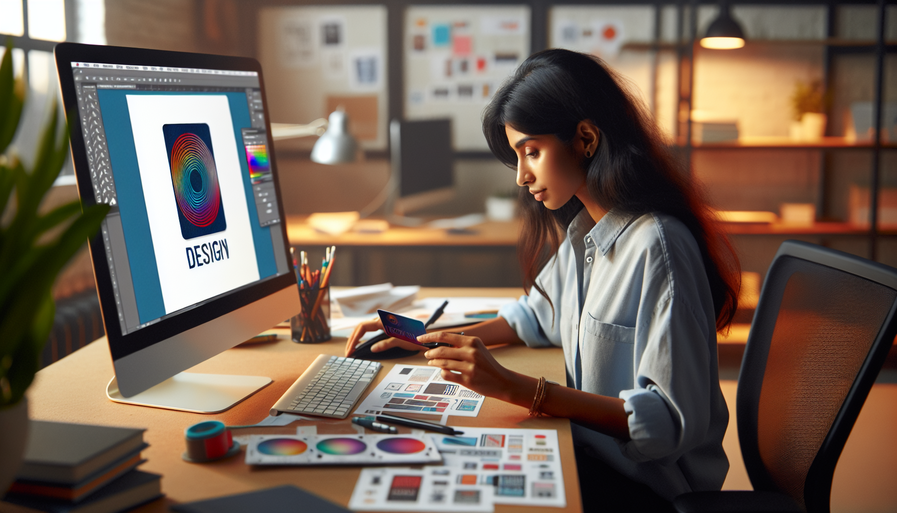 A woman working on a graphic design project at her desk, using a smartphone and a computer with design software. Amid various design materials and tools, she integrates Business Loyalty Strategies into her project. The modern, well-lit office enhances her creative environment.