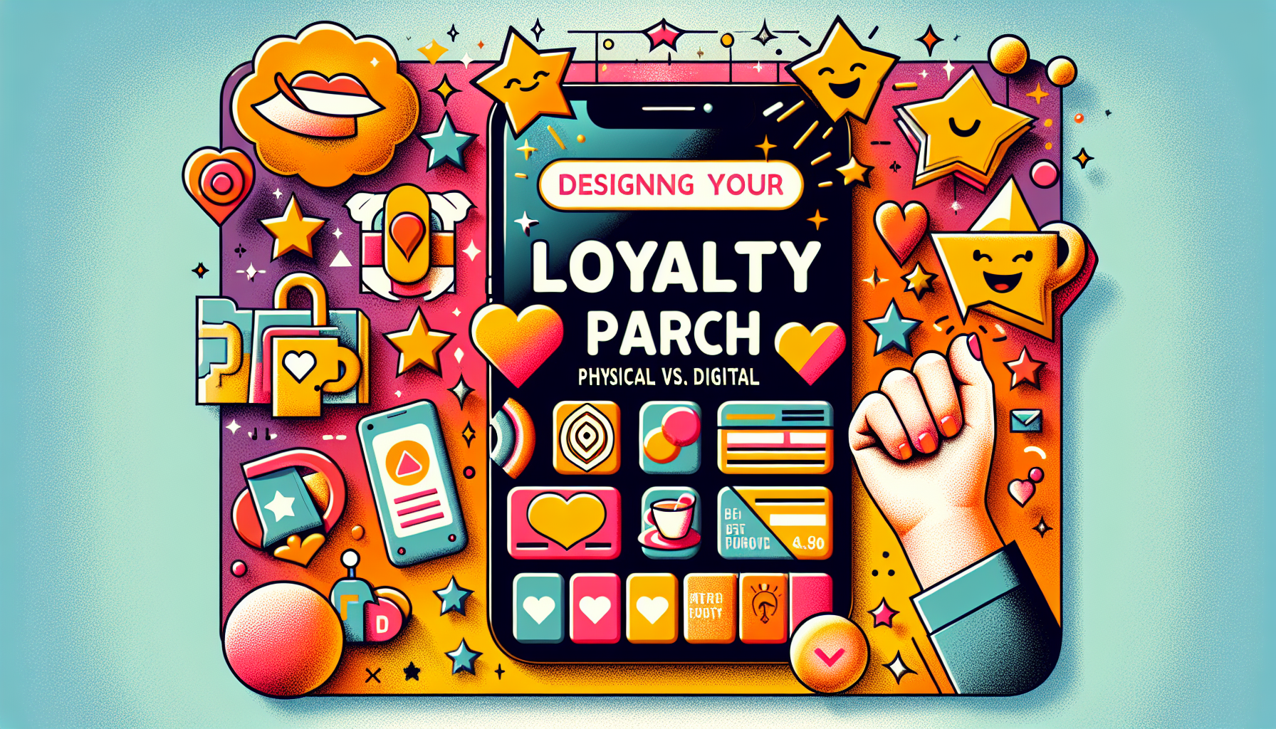 Colorful graphic depicting a mobile phone screen surrounded by icons. Center text reads "Designing Your Loyalty Program: Physical vs. Digital." Background includes stars, hearts, locks, and a fist icon to signify customer loyalty programs and digital punch cards.