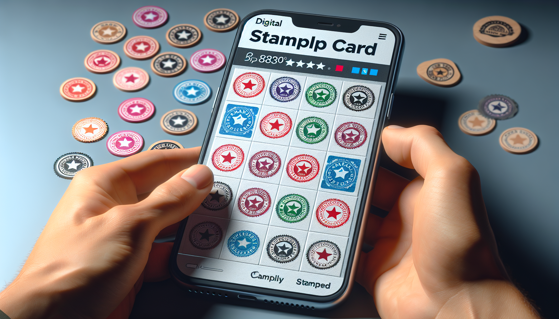 A person holding a smartphone displaying a loyalty rewards app with various stamped icons. Assorted round tokens are scattered on the surface below the phone, highlighting innovative mobile loyalty solutions for enhanced customer engagement.