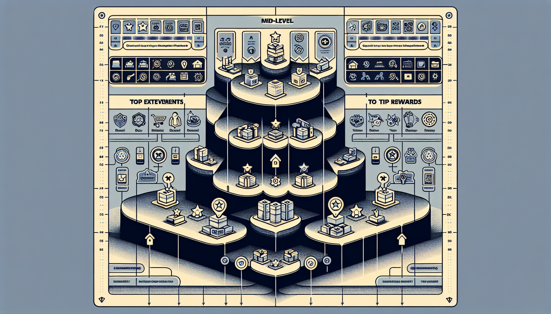 A flowchart illustrating a hierarchy system with multiple interconnected levels, featuring icons for achievements, rewards, and objectives in a symmetrical layout, highlighting Photography Customer Rewards.