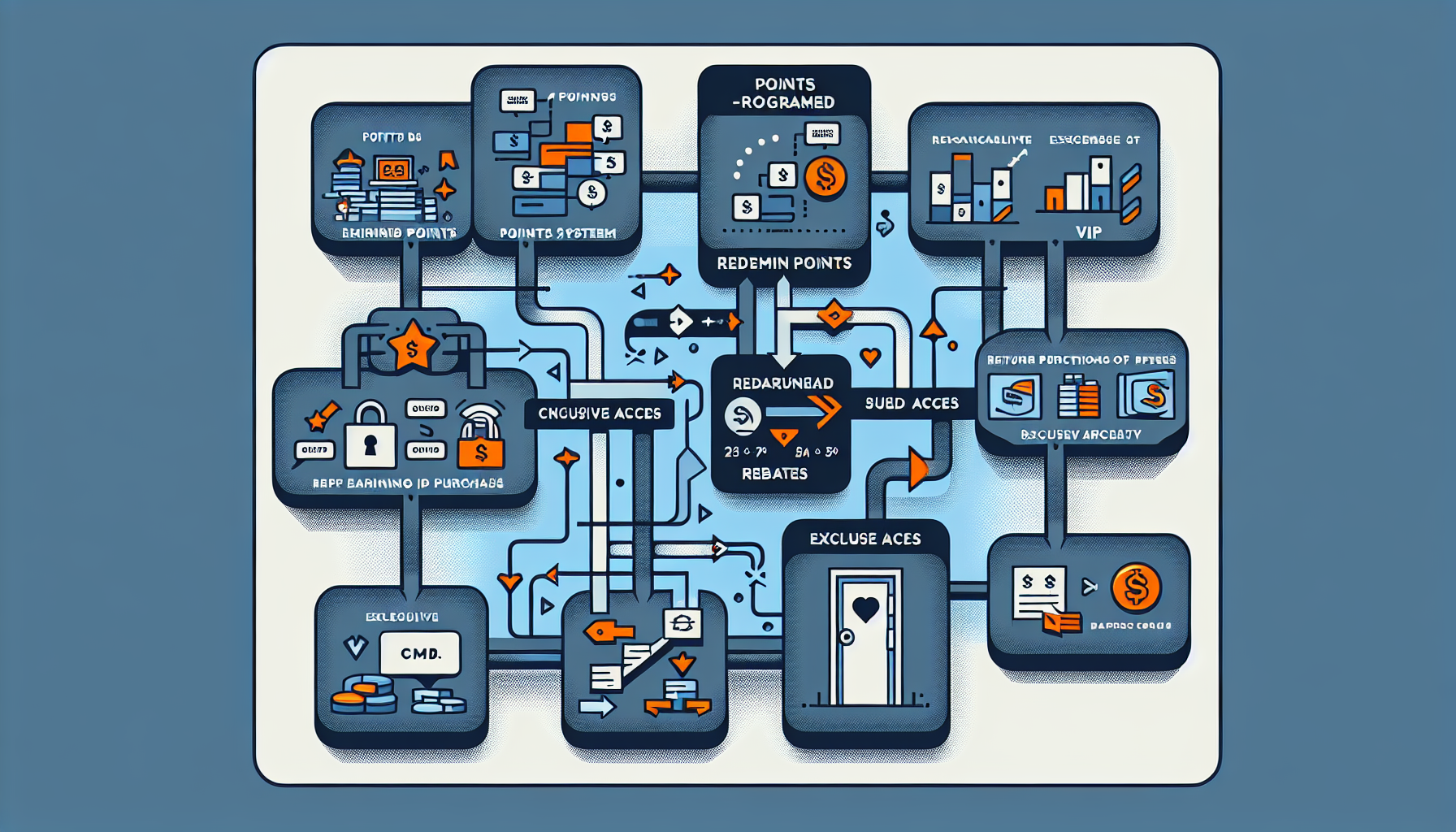 Flowchart illustrating a customer loyalty points redemption system with sections for rewards access, rebates, exclusions, and various transactions. Arrows connect processes and depict the flow of points and actions, enhancing client retention strategies.