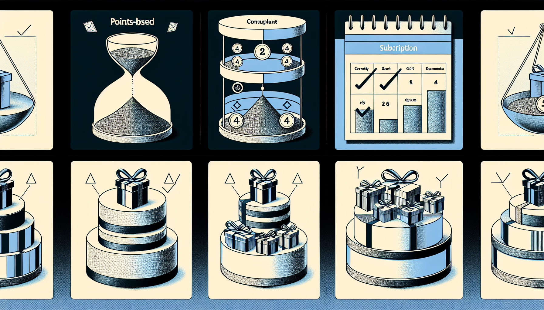 Illustration showing systems of rewards, including points-based, completion, and subscription models, alongside images of tiered gift boxes indicating different levels of loyalty rewards programs.