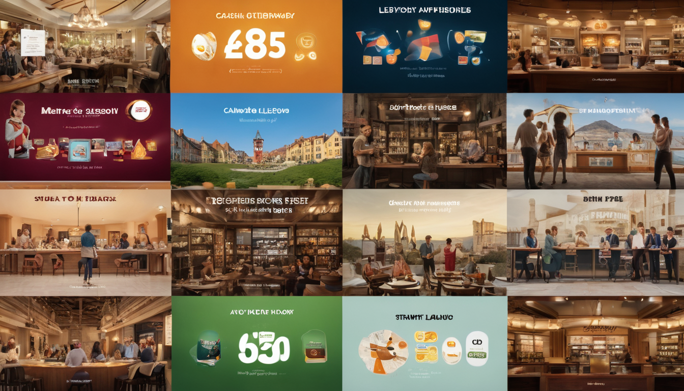 A collage featuring various scenes in a cafe, financial advice and investment graphics, and images of European architecture. Some frames display text about loans, savings, interest rates, and loyalty rewards effectiveness in a casual setting.