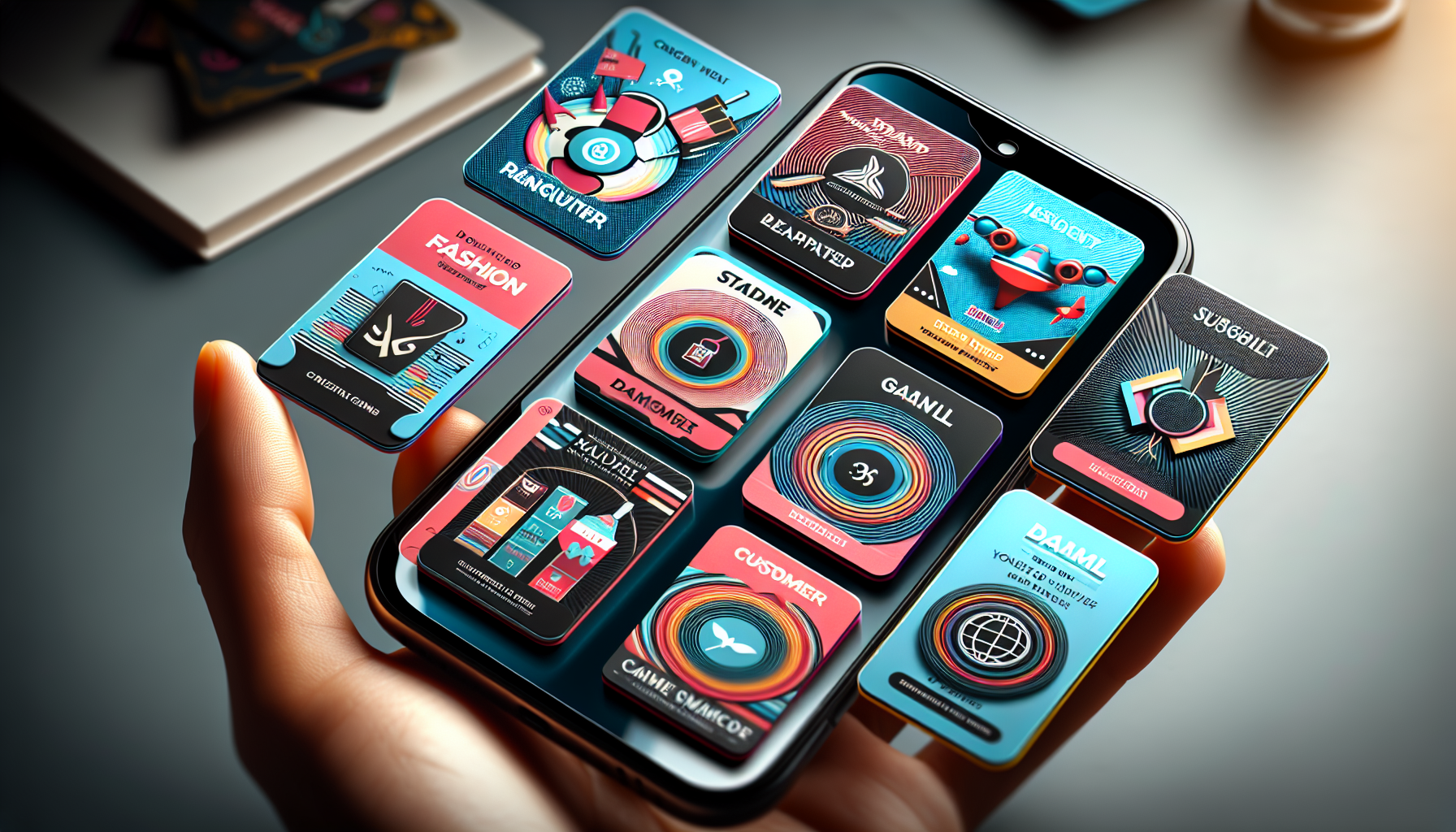 A hand holding a smartphone displays multiple vibrant app icons and widgets, featuring designs related to fashion, technology, and multimedia content in a futuristic user interface that includes a digital loyalty card for increased customer retention.