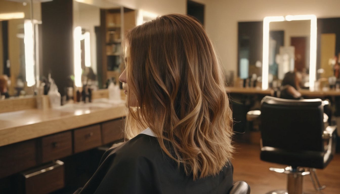 Woman with shoulder-length wavy hair sitting in a salon chair, her reflection visible in a mirror ahead, with hairstyling products and hair salon loyalty program brochures in the background.