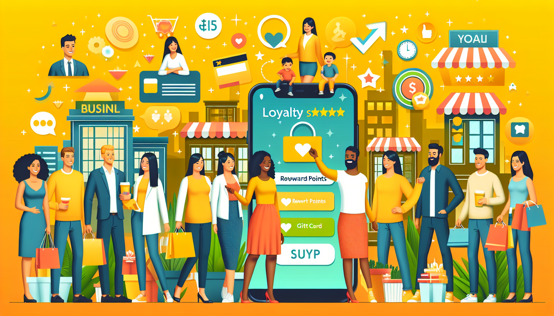 Illustration of diverse people engaging in various loyalty reward activities on a large smartphone screen, surrounded by shops, reward points, and icons symbolizing customer satisfaction and shopping, showcasing Customer Rewards Software in action.