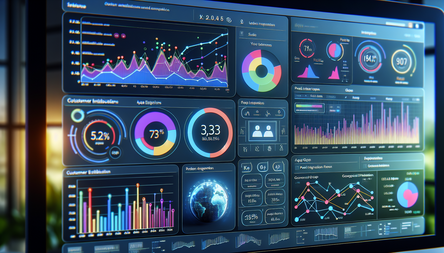 A computer screen displaying various colorful data analytics dashboards and charts, including line graphs, pie charts, bar graphs, and a world map, depicting customer interactions and statistics for enhancing personalized experiences.