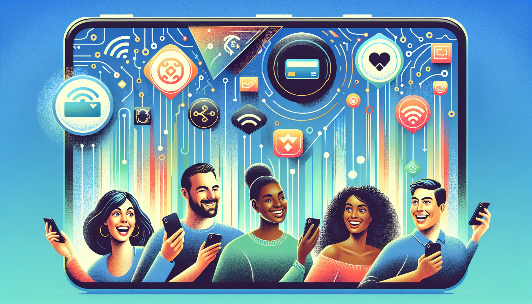 Illustration of five diverse individuals holding smartphones with colorful app icons and digital symbols, including digital punch cards, floating above them, all set against a bright blue background.