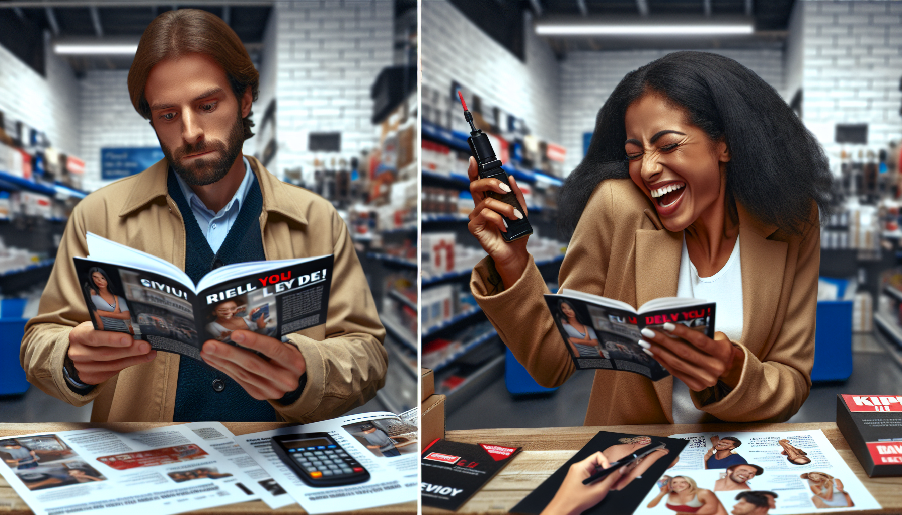 Two people in a store: one man reading a book intently, and one woman laughing while holding both a book and a drill in separate frames. The store has shelves lined with various items in the background, capturing moments that could offer valuable insights for personalized marketing strategies.