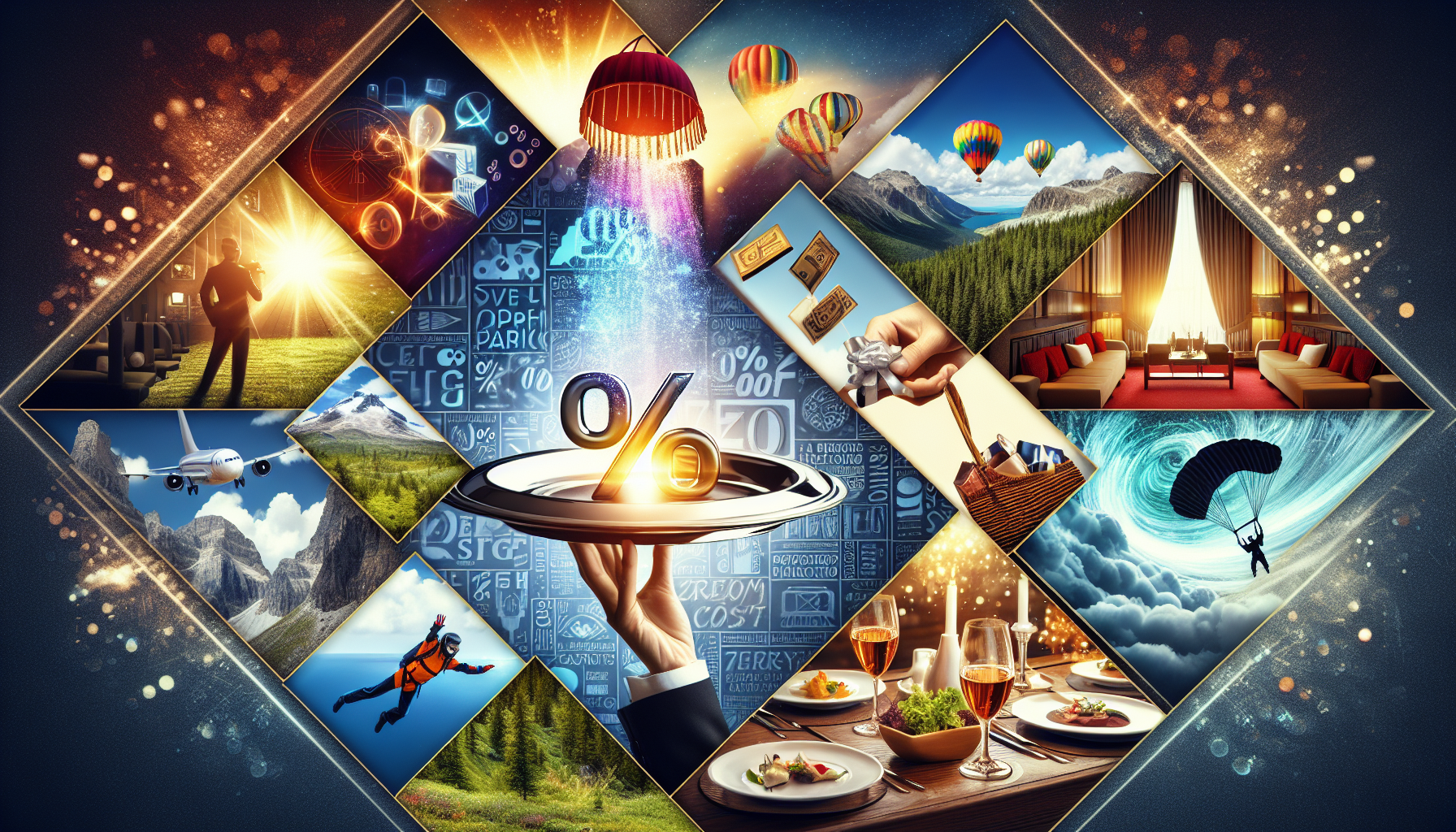 A collage features scenes of travel, luxury dining, paragliding, hot air balloons, mountain views, financial symbols, and a hand holding a tray with a percentage sign—all framed by diamond shapes