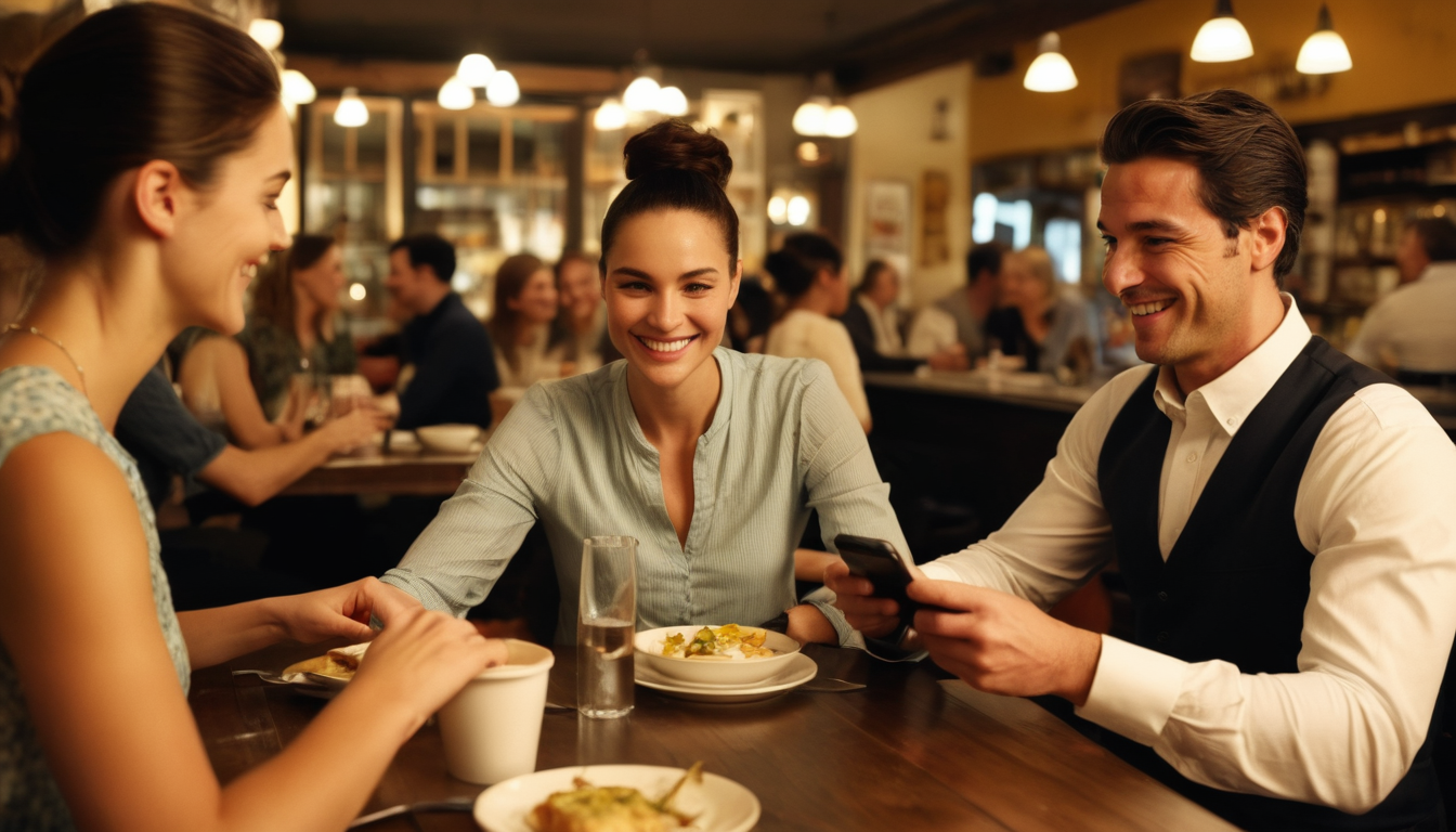 Three people enjoying a meal at a busy restaurant, discussing digital punch card ideas with two women and one man smiling and conversing at a table.