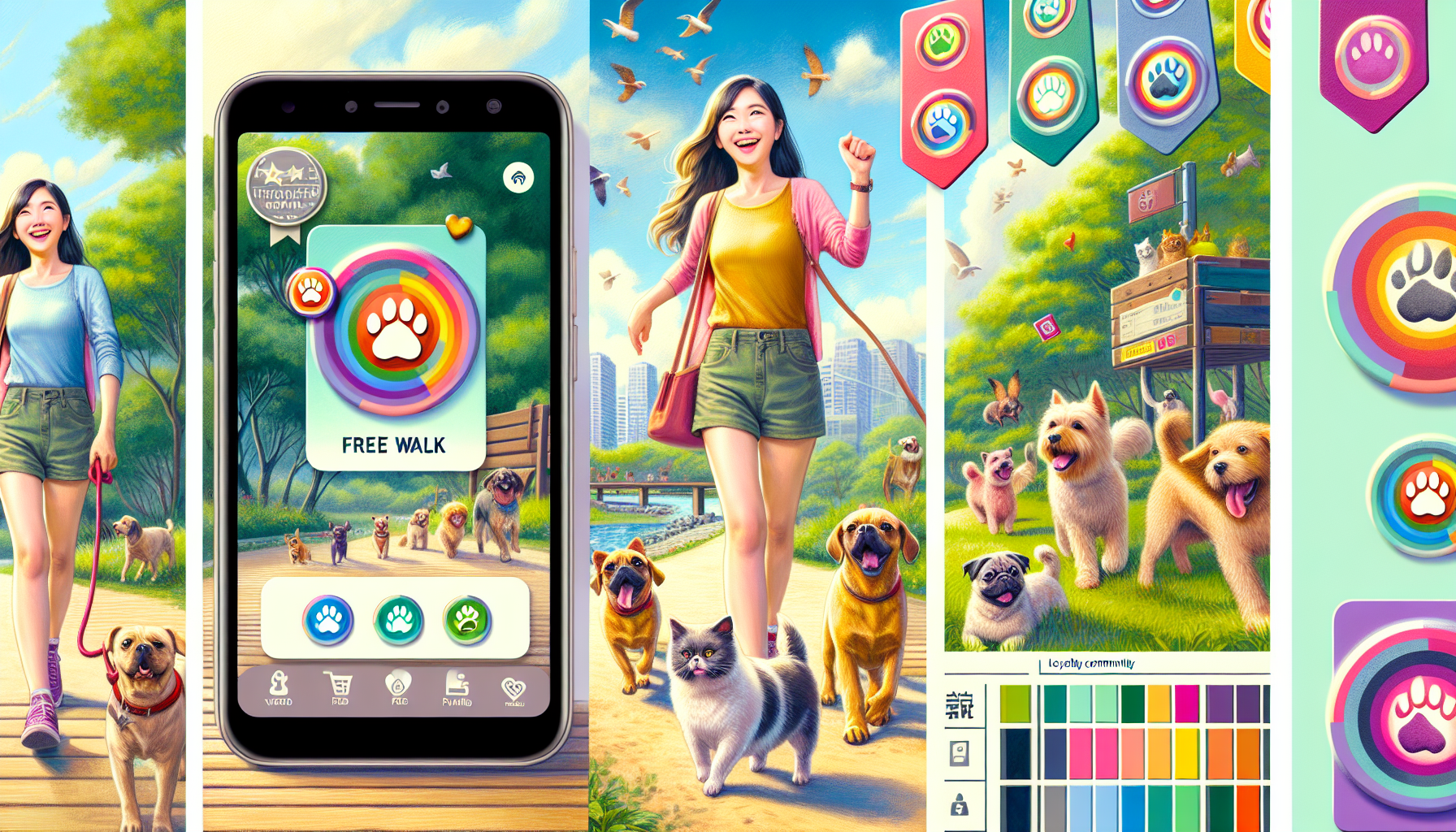 Collage of a woman walking dogs, a smartphone app for pet walking with digital punch cards, colorful badges from rewards programs, and a city park scene with happy pets.