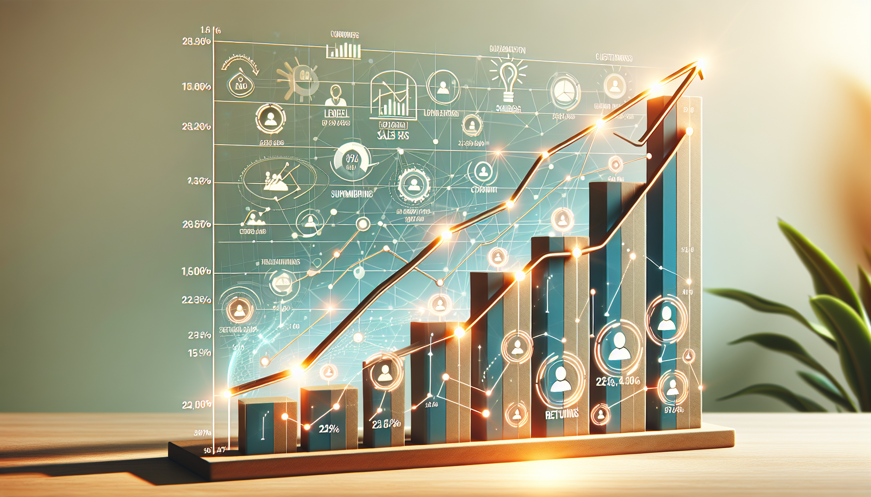 A 3D bar chart with an upward arrow and various icons representing data points and analytics, indicating business growth and trends driven by effective customer retention software. The chart is on a wooden surface with a plant in the background.