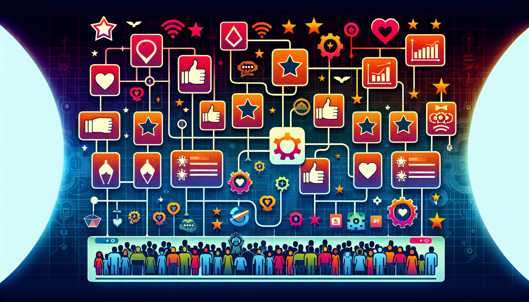 An illustration of a crowd facing interconnected digital icons on a screen, including thumbs up, stars, gears, and hearts, depicting online social interactions and networks through customer engagement tools.