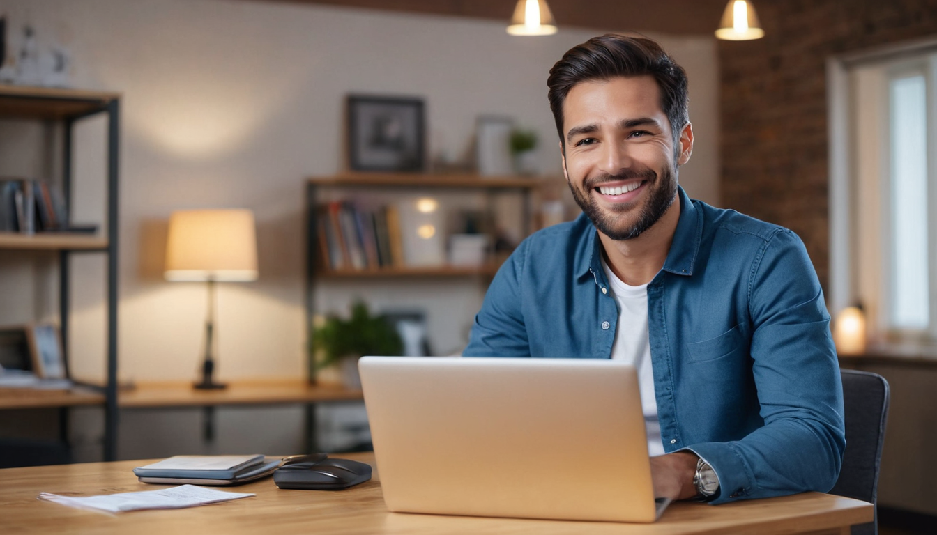 A man with a beard sits at a desk with a laptop, smiling. The background features shelves with books and a lamp in a softly lit interior. He's researching tiered loyalty program examples to enhance customer engagement incentives for his business.