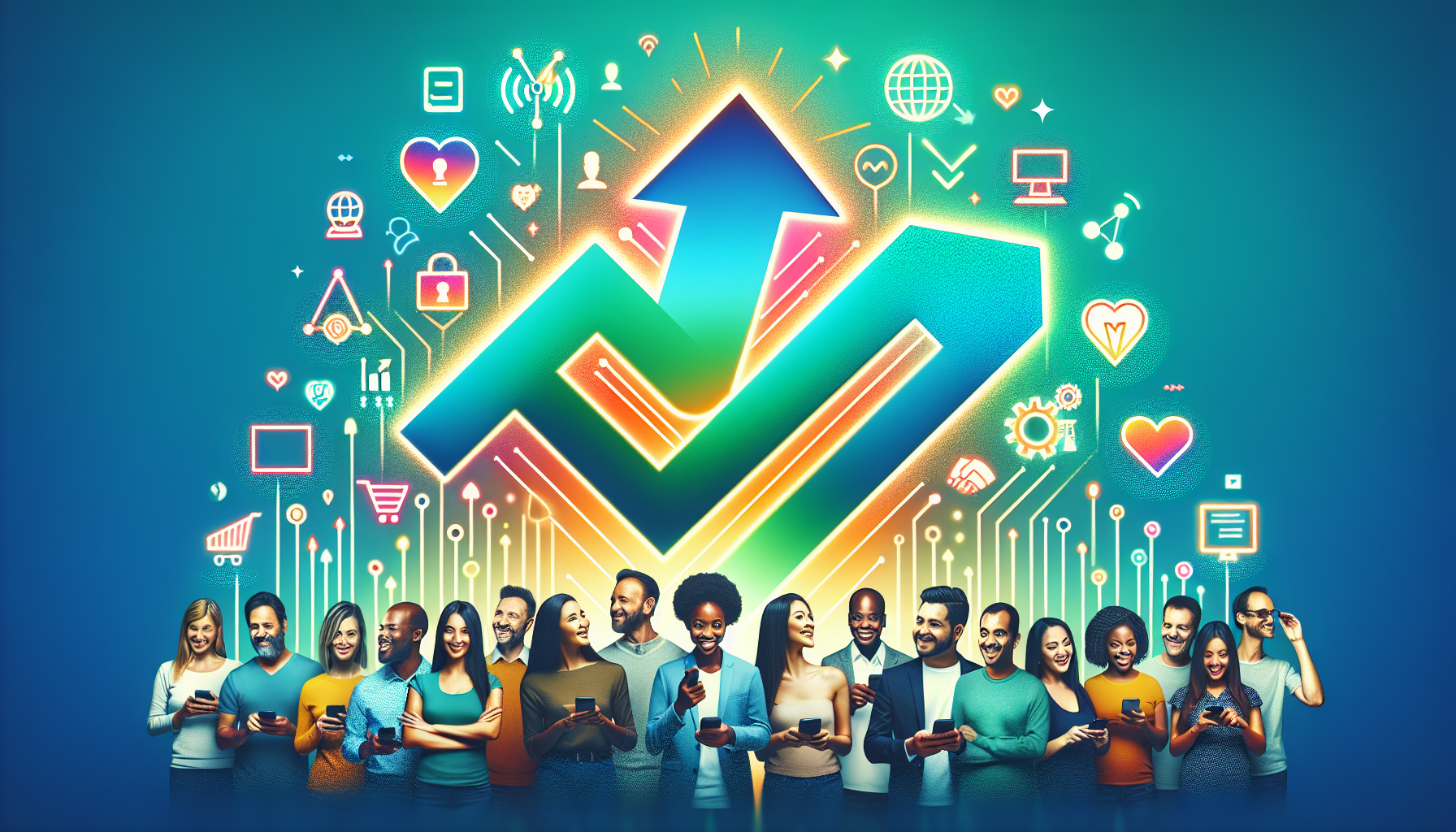 A diverse group of people smiling and using electronic devices. Behind them is a large, colorful upward arrow surrounded by various icons representing technology, communication, and customer loyalty platforms.