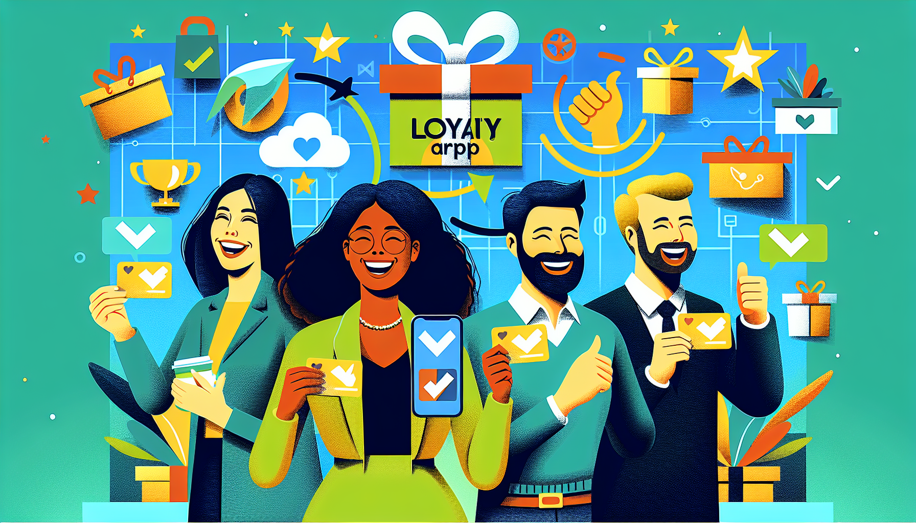 A diverse group of four people smiling and holding digital devices. The background features icons signifying rewards, gifts, and achievements with "LOYALTY APP" prominently displayed, highlighting innovative Business Loyalty Solutions.