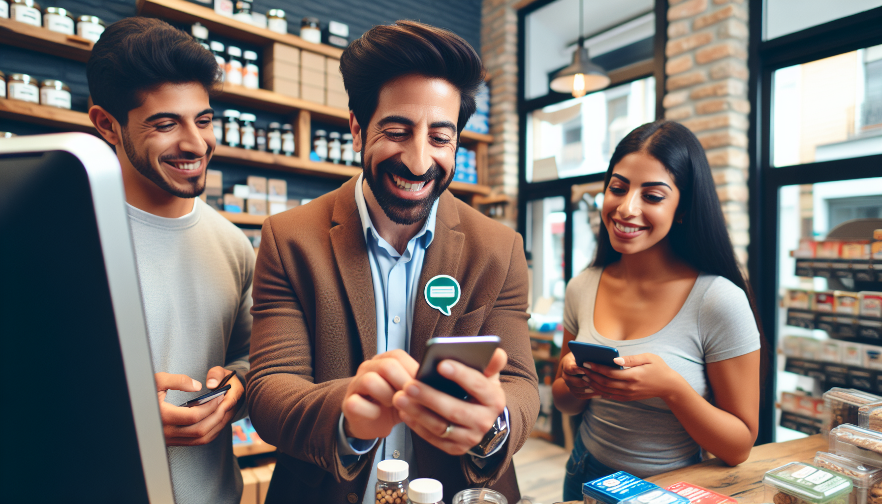 Three people in a store, smiling and looking at their smartphones, likely checking their loyalty rewards app. Shelves with various products are visible in the background. The person in the center is wearing a badge and a tan blazer.