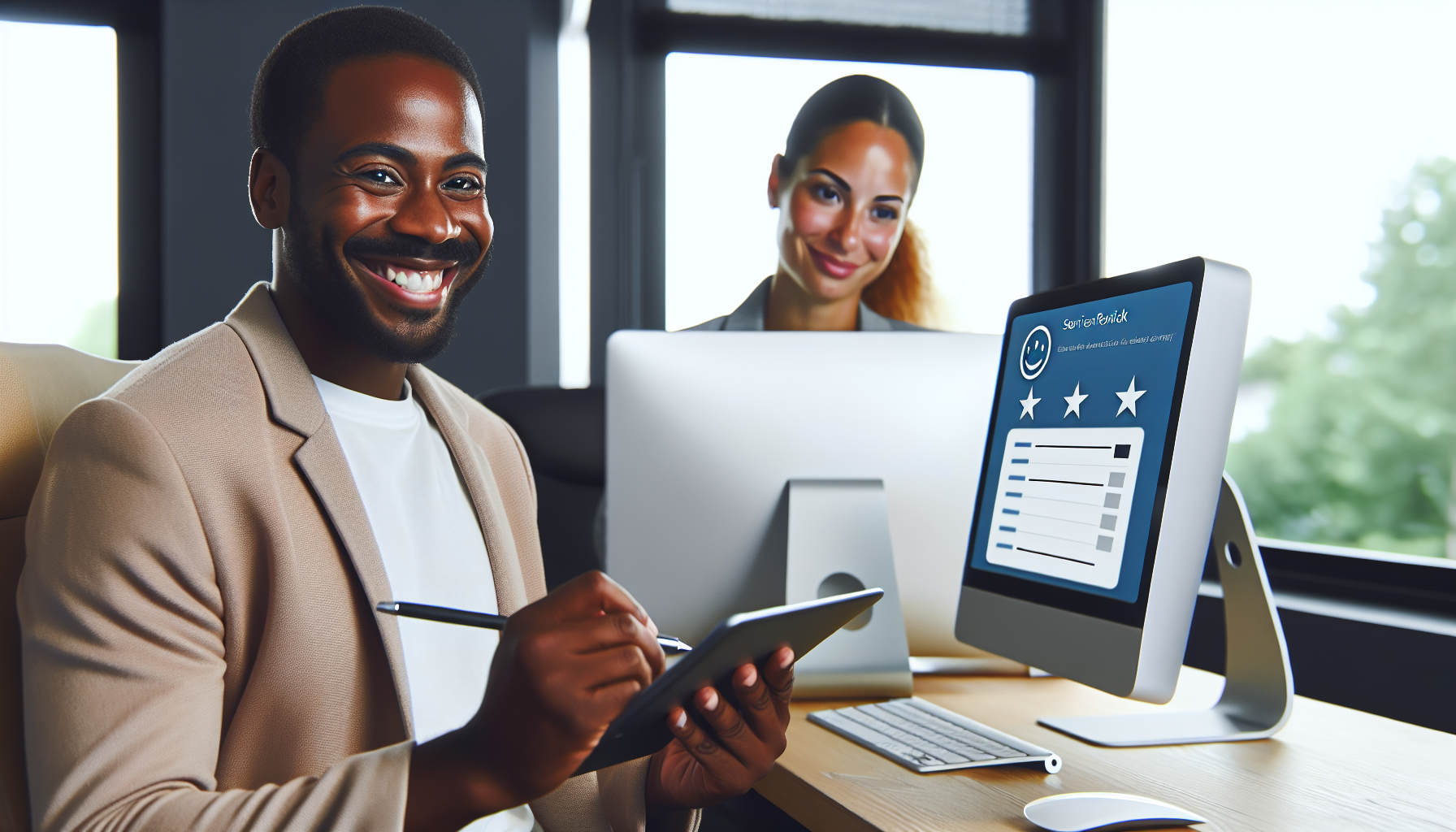 Two people in an office. One is smiling and taking notes on a tablet, jotting down insights for customer retention strategies; the other is using a desktop computer displaying a survey feedback form.