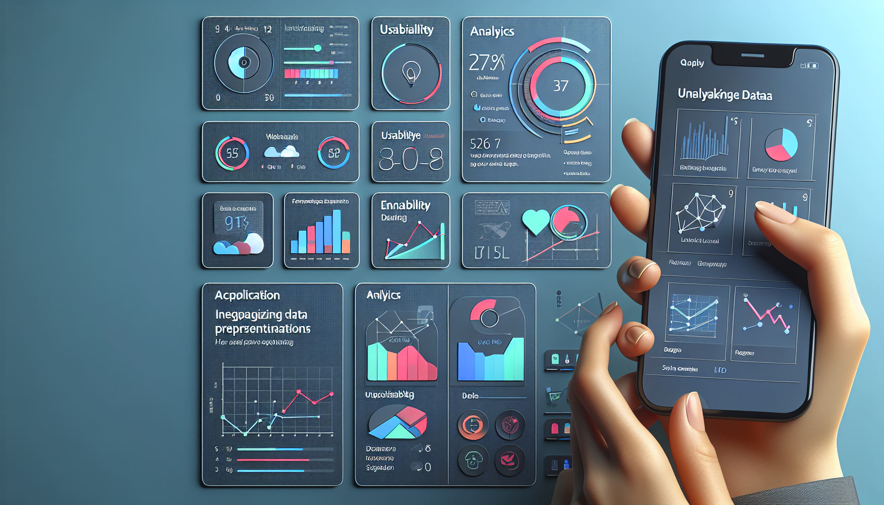 Person holding smartphone displaying data analytics app. Background shows various data visualization charts and graphs on a screen, including bar graphs, pie charts, and line graphs. The app emphasizes customer loyalty by showcasing customer engagement metrics and loyalty rewards.