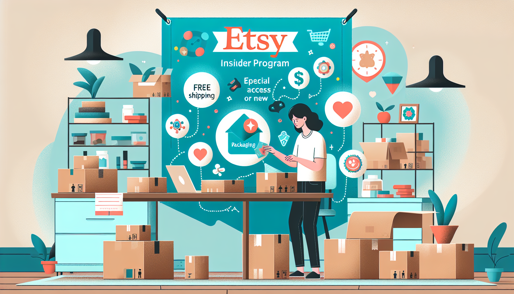 A person works in a room filled with boxes and a computer, under a banner that reads "Etsy Insider Program" and lists benefits like free shipping and special access. Incorporating smart retail marketing strategies, shelves and plants decorate the space to enhance customer engagement.