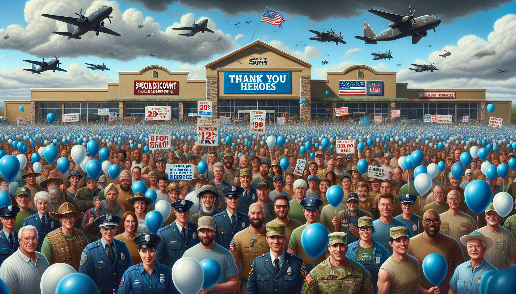 A large crowd with diverse professions and military uniforms holds blue balloons and signs in support of heroes, in front of a store with "Thank You Heroes" banners, airplanes flying overhead, and displays promoting customer engagement.