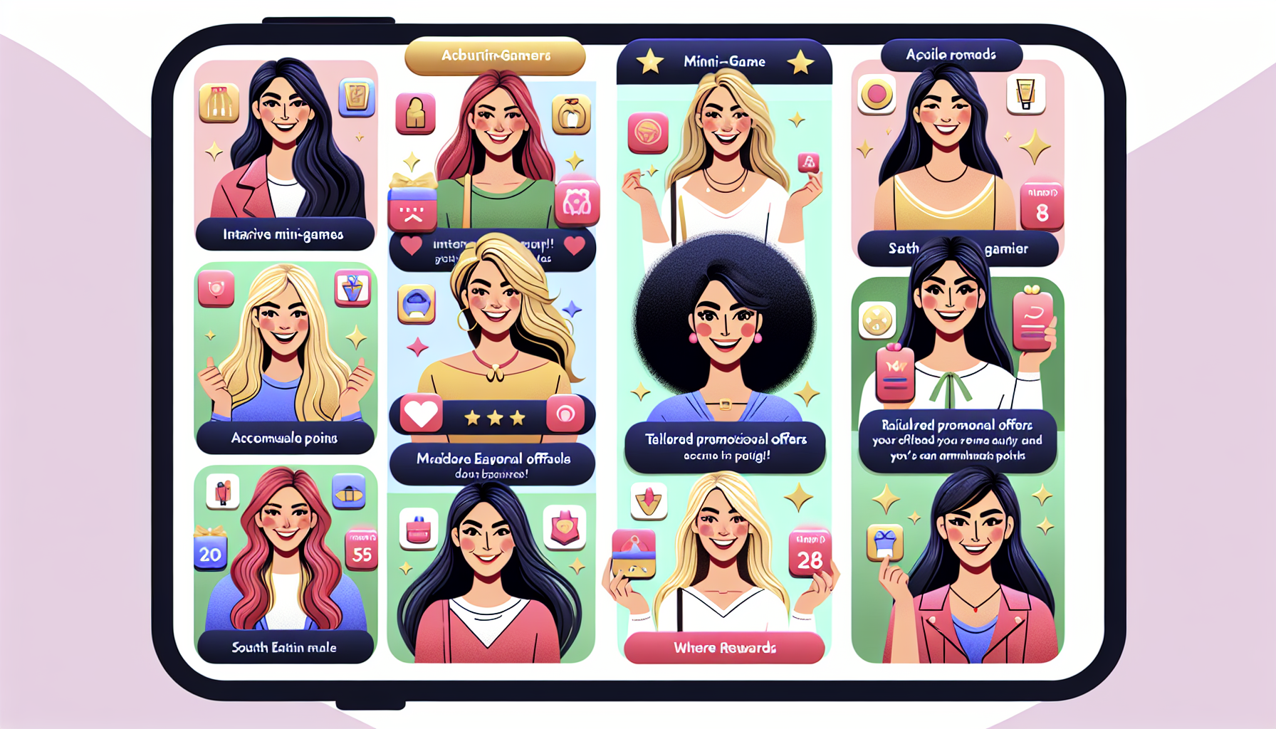 A colorful app interface on a tablet screen displays avatars, icons, and descriptions for various features like mini-games, personalized offers, social interactions, and rewards—an innovative approach to bolster customer engagement and retention.