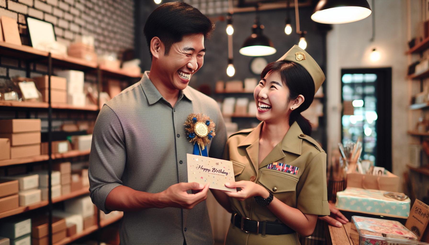 A man and a woman in uniform smile while holding a birthday card inside a store. The woman, dressed in military attire, presents the card to the man, highlighting their bond. Shelves filled with items are in the background, showcasing the store's dedication to building customer loyalty.