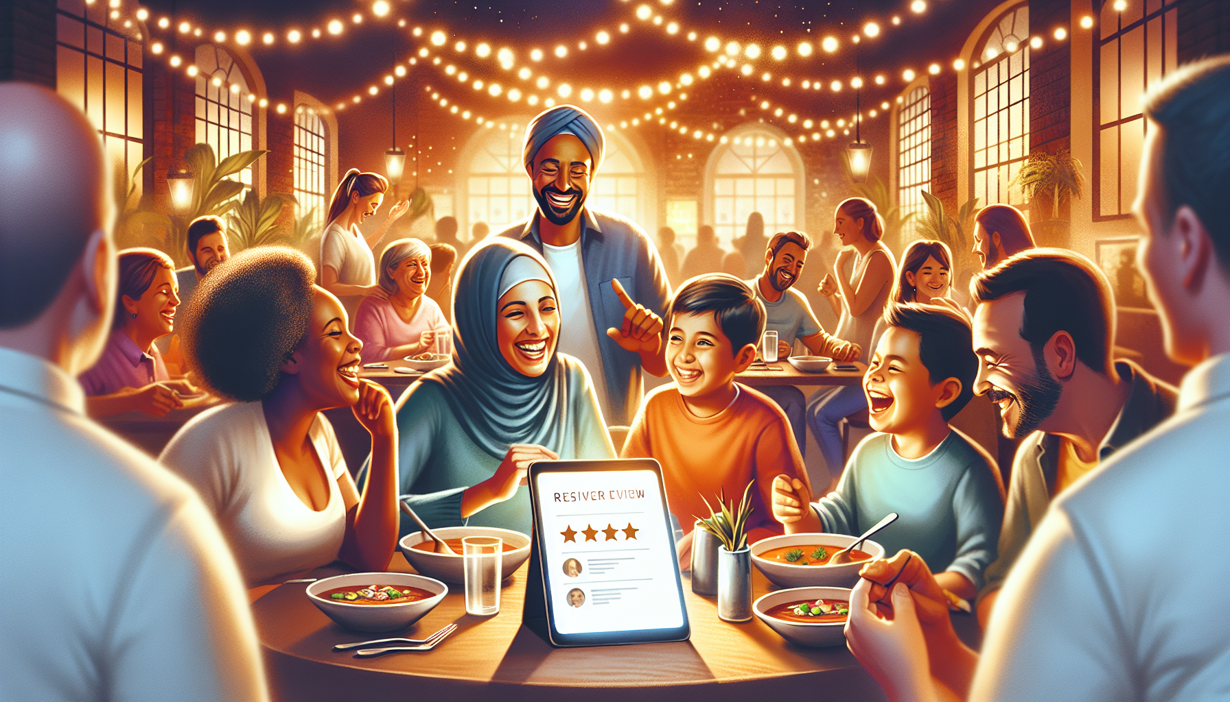 A joyful gathering at a lively restaurant with diverse patrons smiling and dining under string lights, featuring a family showing a five-star review on a restaurant loyalty app.