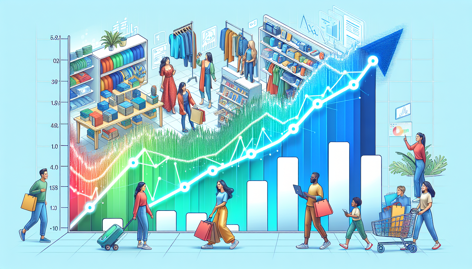 An illustration depicting a rising sales graph overlaid on images of people shopping in a store, with various clothing and items on display. Shoppers include adults and children carrying bags and pushing carts, highlighting customer engagement through exclusive rewards.