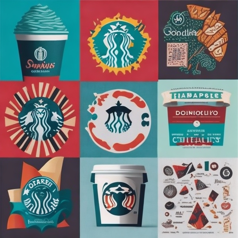 A collage of various Starbucks-inspired designs, featuring stylized coffee cups, pastries, and the iconic siren logo in different artistic interpretations and colors, all subtly highlighting the rewards program that caters to loyal customers through enticing repeat purchase incentives.