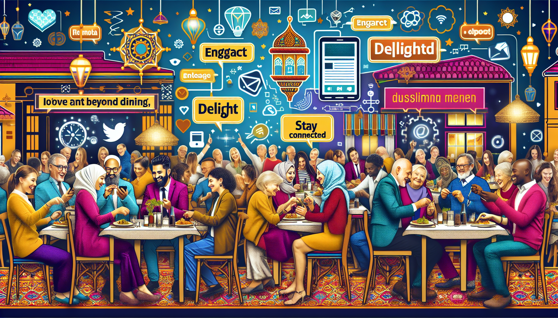 Colorful illustration of diverse groups of people enjoying a meal together in a vibrant, patterned room filled with floating icons and phrases related to dining and restaurant loyalty programs.