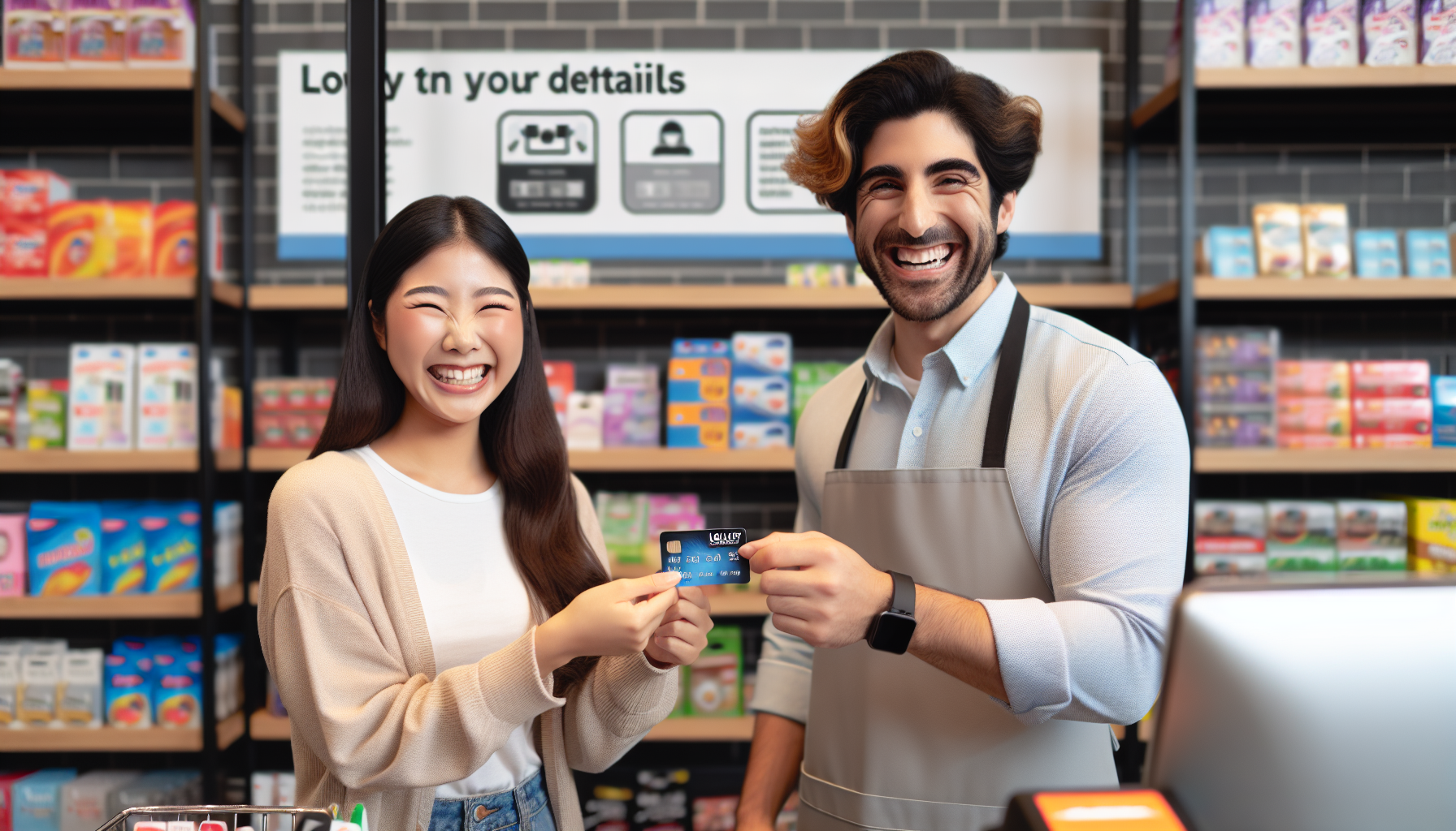 A smiling customer and store employee hold a credit card together at a checkout counter in a convenience store, fostering brand loyalty. Shelves stocked with various items are visible in the background.