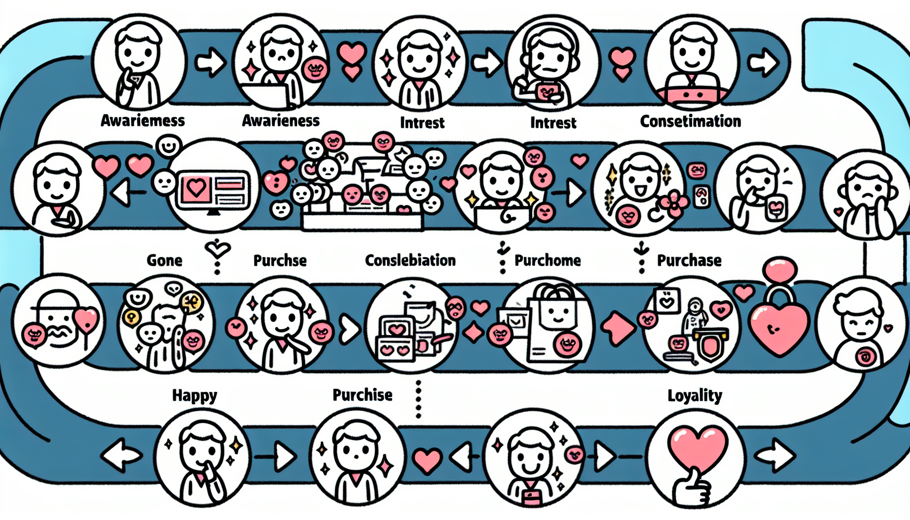 Infographic illustrating a customer journey cycle: Awareness, Interest, Consideration, Purchase, Happy, Loyalty—highlighting consumer demands. Each stage features related icons as the cycle repeats with multiple purchases and loyalty.