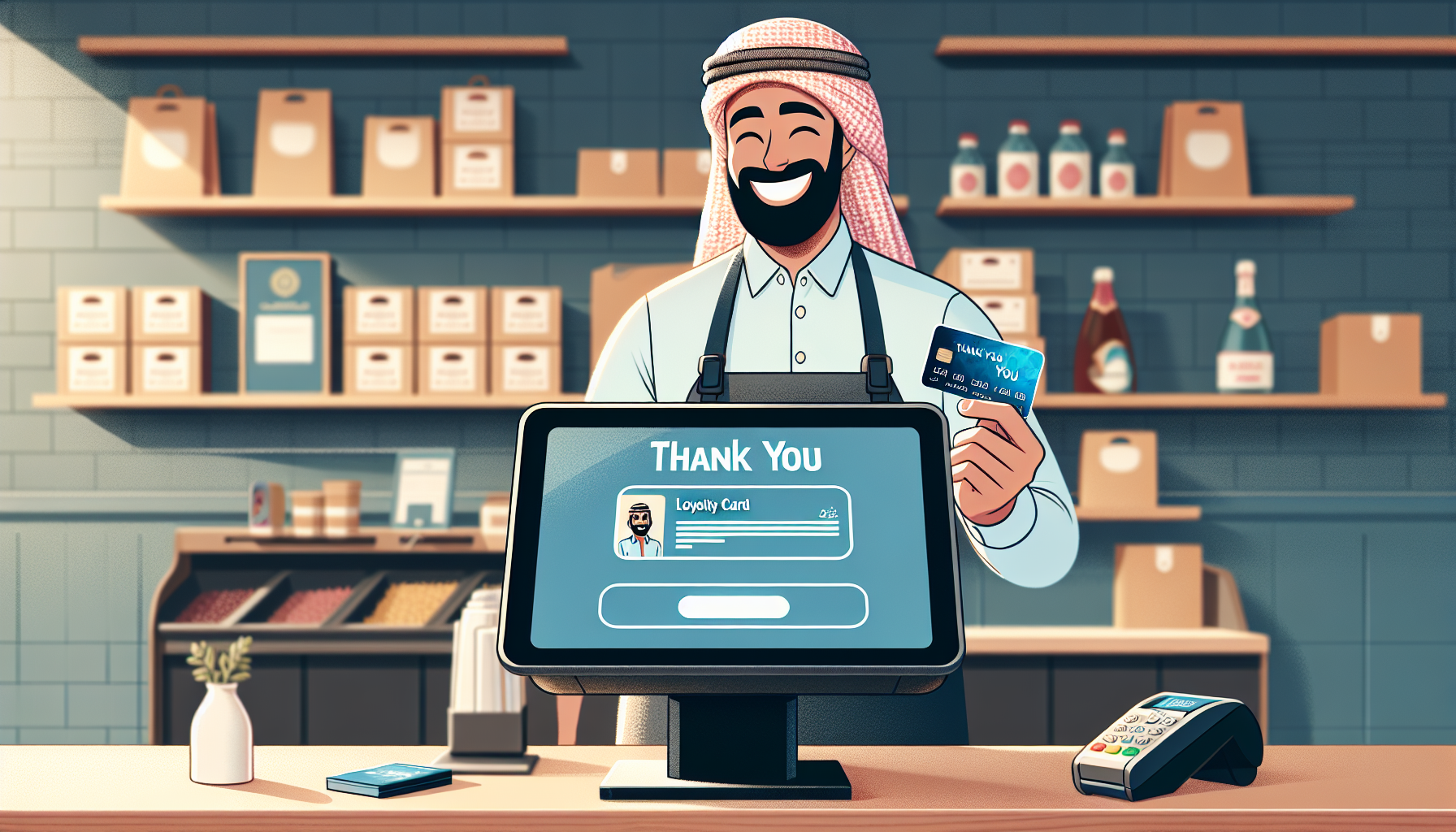 A shopkeeper holding a loyalty card smiles near a register displaying a "Thank You" message, highlighting their Digital Loyalty Solutions. The background features shelves stocked with various products, emphasizing the benefits of their Customer Rewards Program.